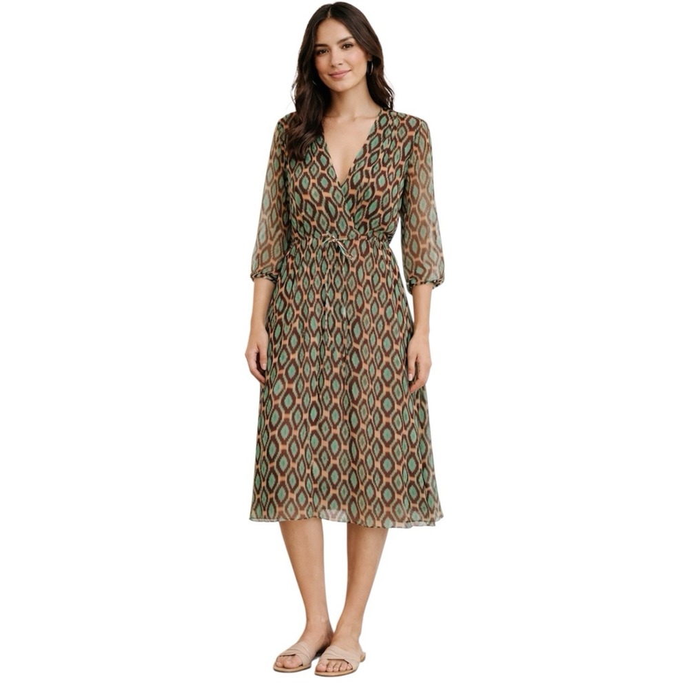 Matta Dress Midi Chiffon M Brown Green 3/4 Sleeve Sheer Mod Funky Retro Boho Art